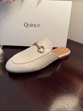 Quince Bone/White Leather Mule with Gold Horsebit Accent